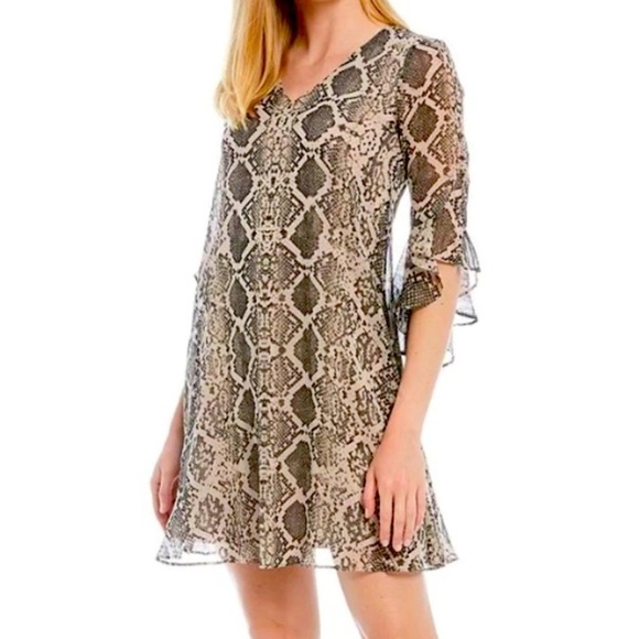 Calvin Klein Snake Print Gray and Beige Chiffon Bell Sleeve Sheath Dress Size 12 - Picture 1 of 8